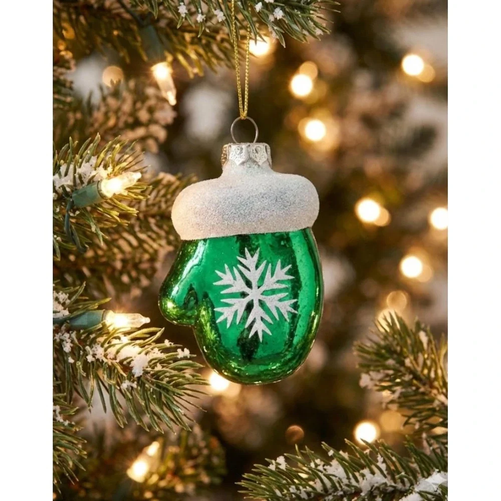 Vintage Blown Glass Green Glove Mitten Snowflake Glitter Christmas Ornament 3